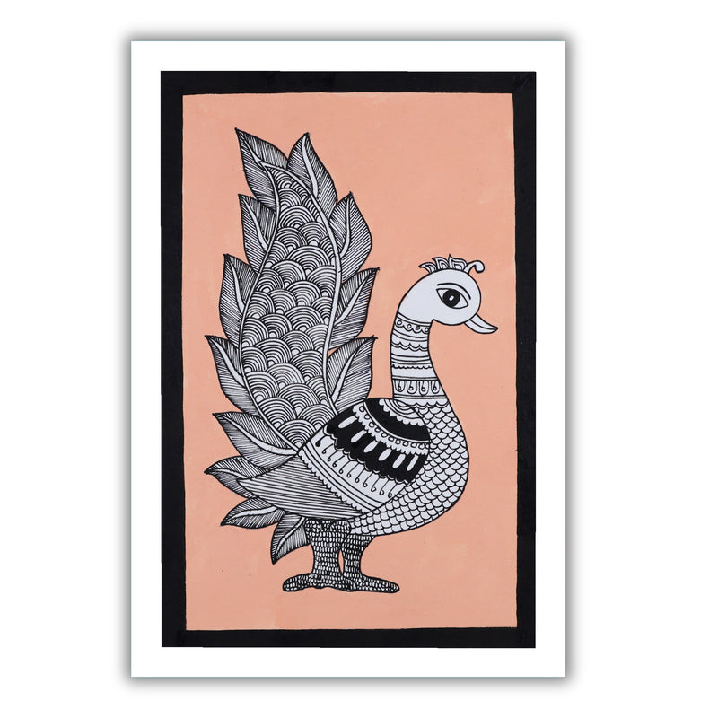 handmade kalamkari painting peacock-in vibrant traditional folk art style