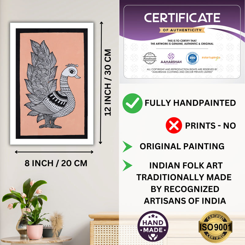 Framed artwork with dimensions, authenticity certificate-handmade iso certified-peacock kalamkari painting