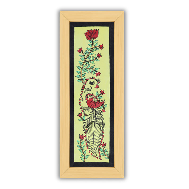 Framed artwork of a colorful peacock-with handmade kalamkari painting