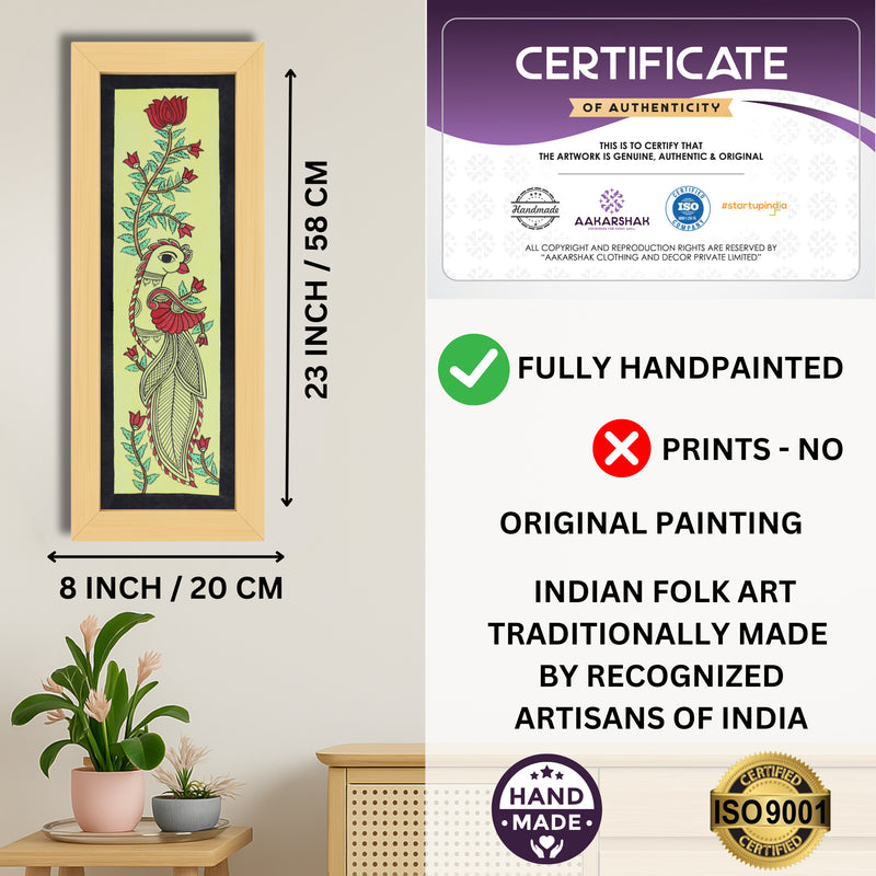 Framed artwork with dimensions, authenticity certificate and handmade iso certified-peacock kalamkari painting
