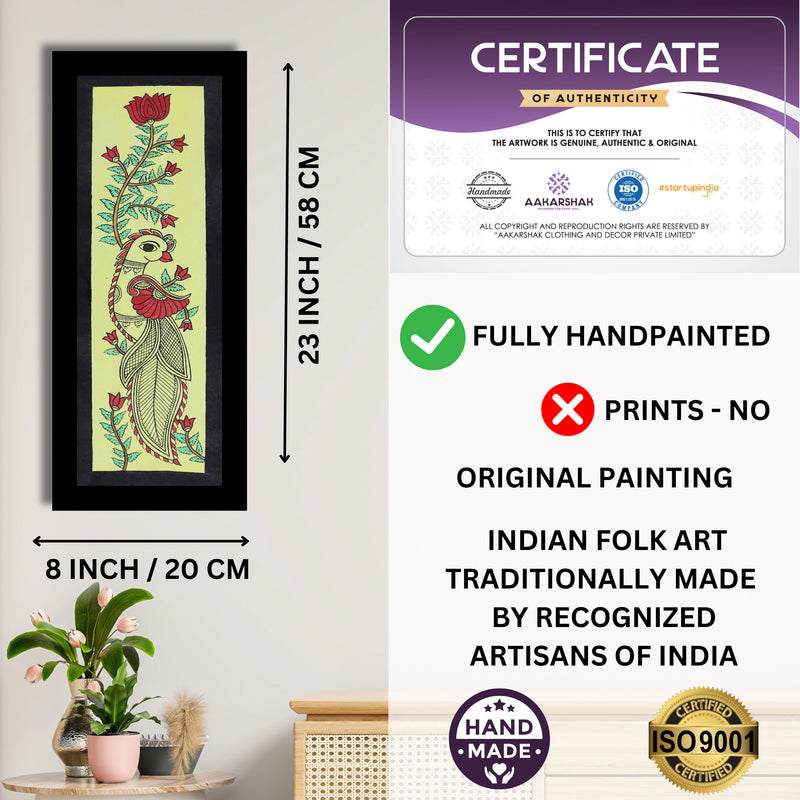 Framed artwork with dimensions, authenticity certificate and handmade iso certified-peacock kalamkari painting