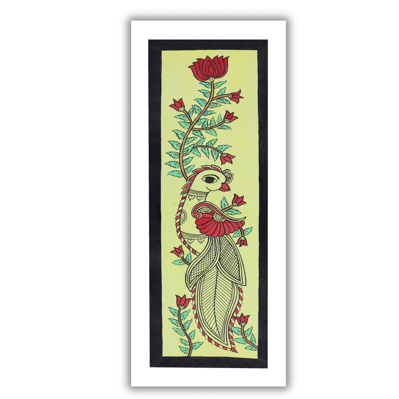 Framed artwork of a colorful peacock-with handmade kalamkari painting