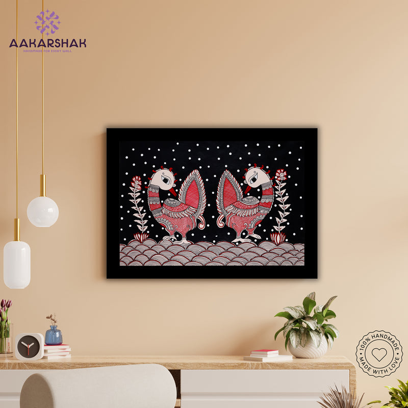 Framed artwork with peacock design on a black background-handmade kalamkari painting for home decor