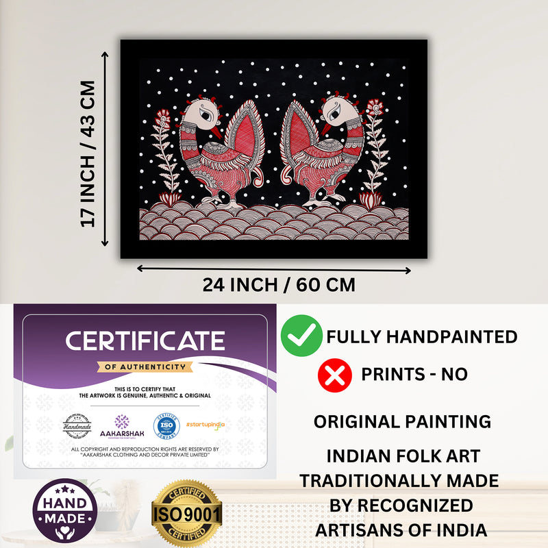 Framed artwork with dimensions, authenticity certificate and handmade iso certified-peacock kalamkari painting