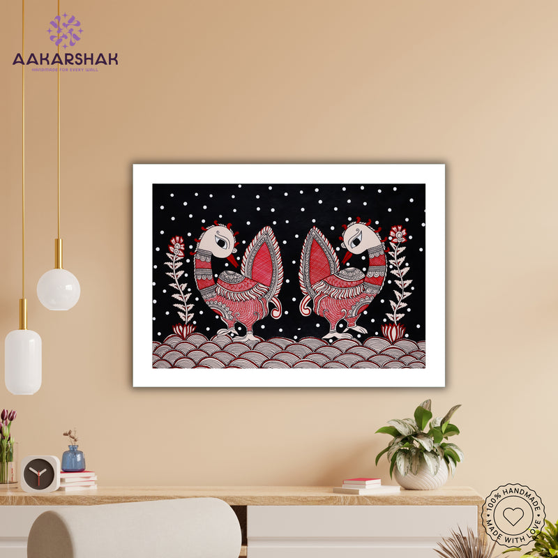 Framed artwork with peacock design on a black background-handmade kalamkari painting for home decor