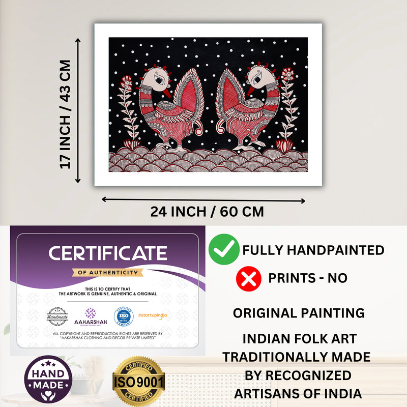 Framed artwork with dimensions, authenticity certificate and handmade iso certified-peacock kalamkari painting