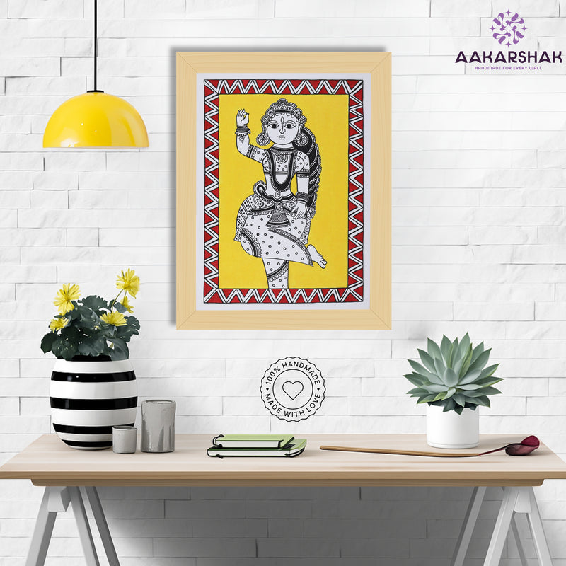Framed artwork with radha design on a yellow background-handmade kalamkari painting for home decor