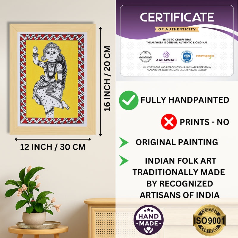 Framed artwork with dimensions, authenticity certificate and handmade iso certified-radha kalamkari painting
