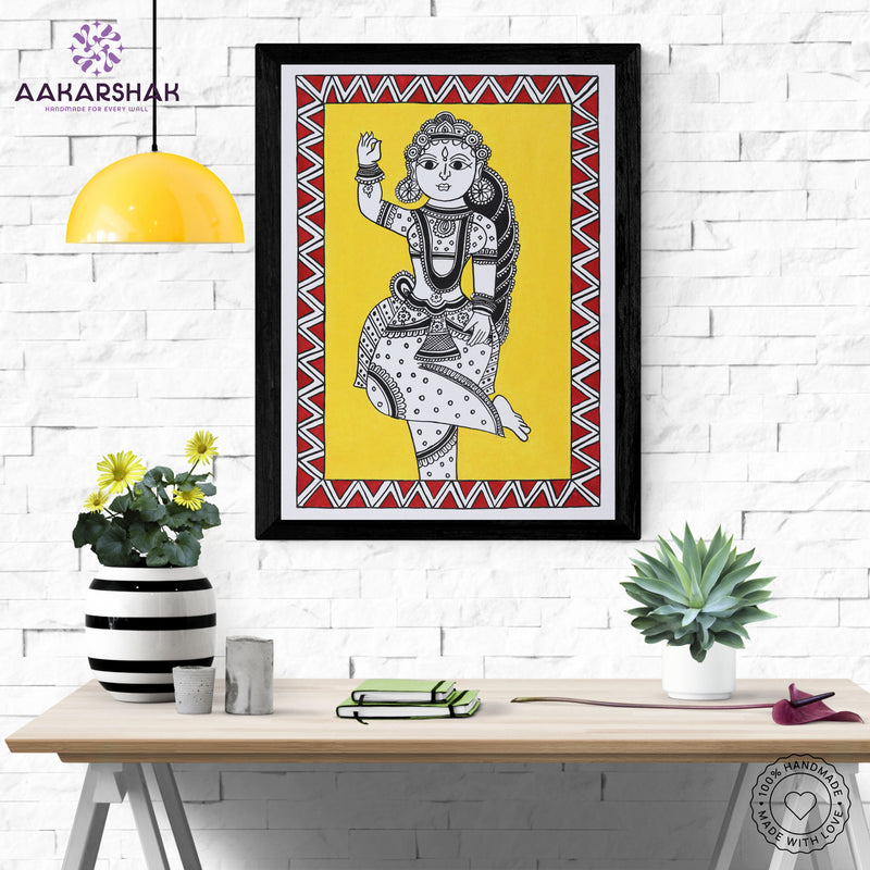 Framed artwork with radha design on a yellow background-handmade kalamkari painting for home decor