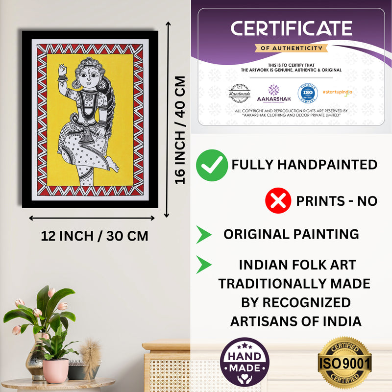 Framed artwork with dimensions, authenticity certificate and handmade iso certified-radha kalamkari painting