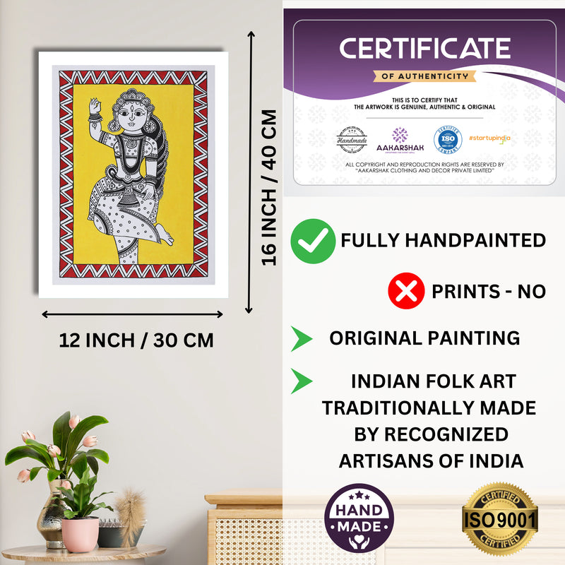 Framed artwork with dimensions, authenticity certificate and handmade iso certified-radha kalamkari painting