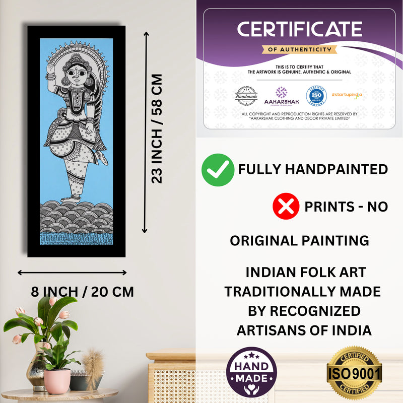 Framed artwork with dimensions, authenticity certificate and handmade iso certified-radha kalamkari painting