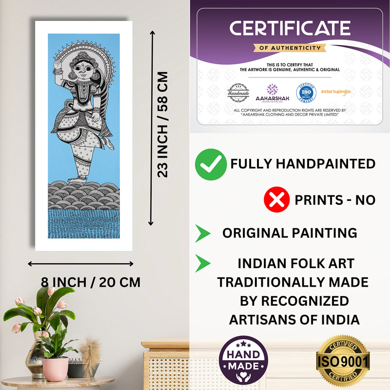Framed artwork with dimensions, authenticity certificate and handmade iso certified-radha kalamkari painting