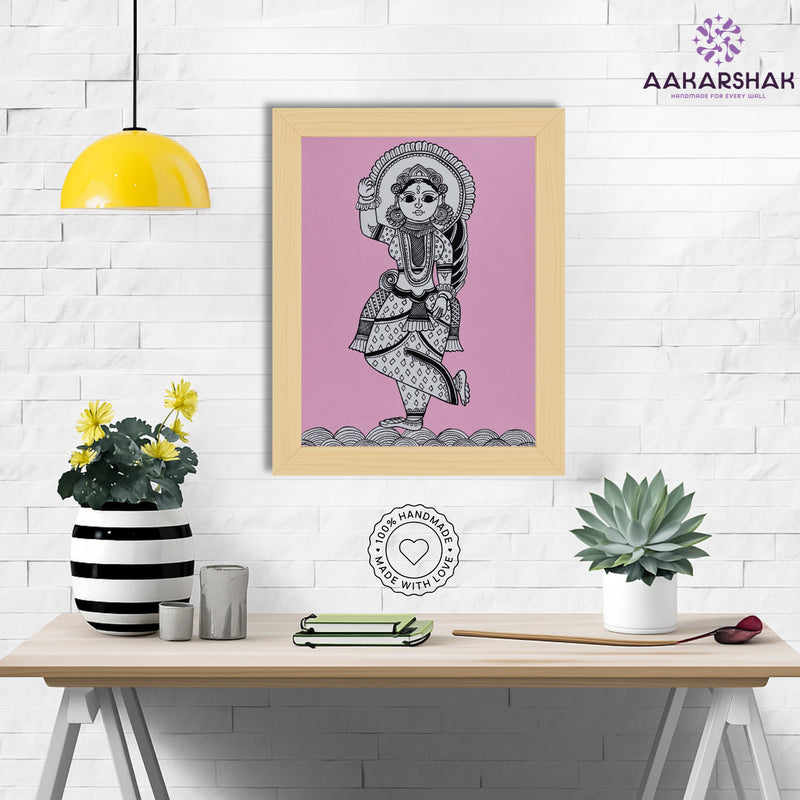Framed artwork with radha design on a pink background-handmade kalamkari painting for home decor