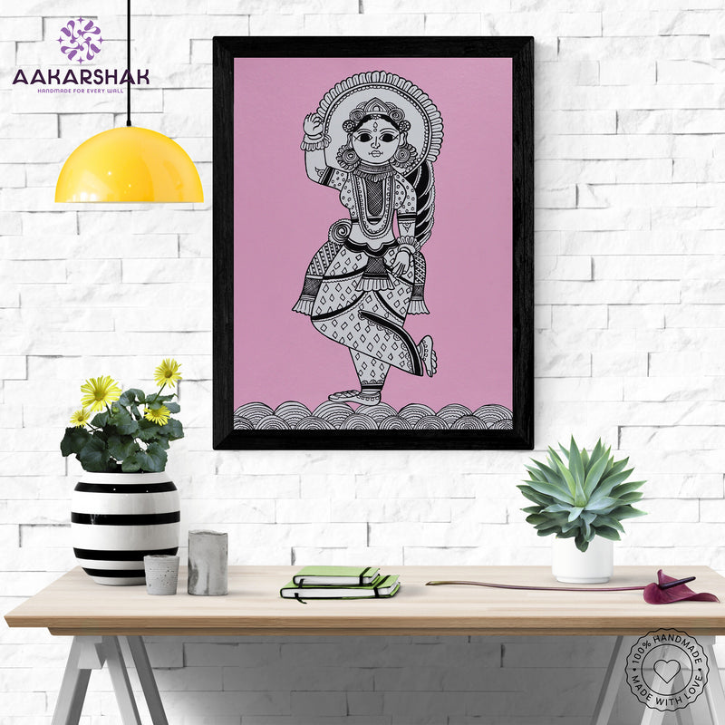 Framed artwork with radha design on a pink background-handmade kalamkari painting for home decor