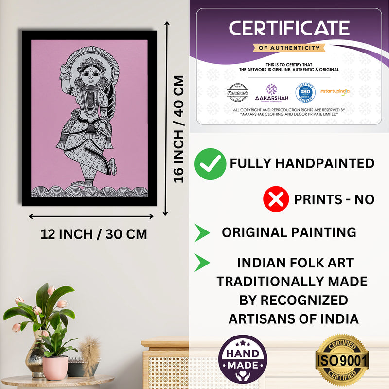 Framed artwork with dimensions, authenticity certificate and handmade iso certified-radha kalamkari painting