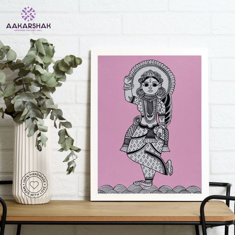 Framed artwork with radha design on a pink background-handmade kalamkari painting for home decor