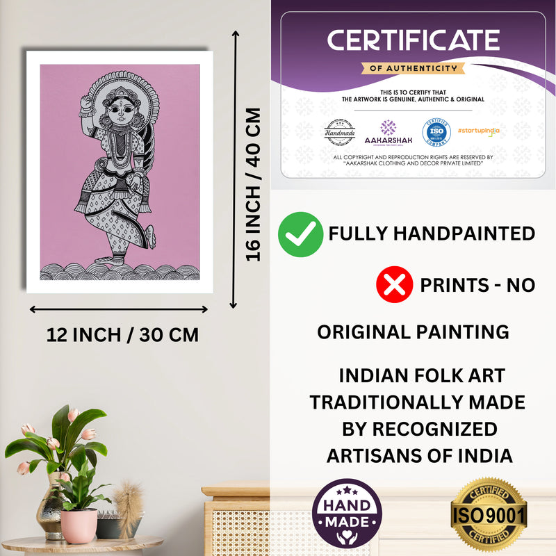 Framed artwork with dimensions, authenticity certificate and handmade iso certified-radha kalamkari painting