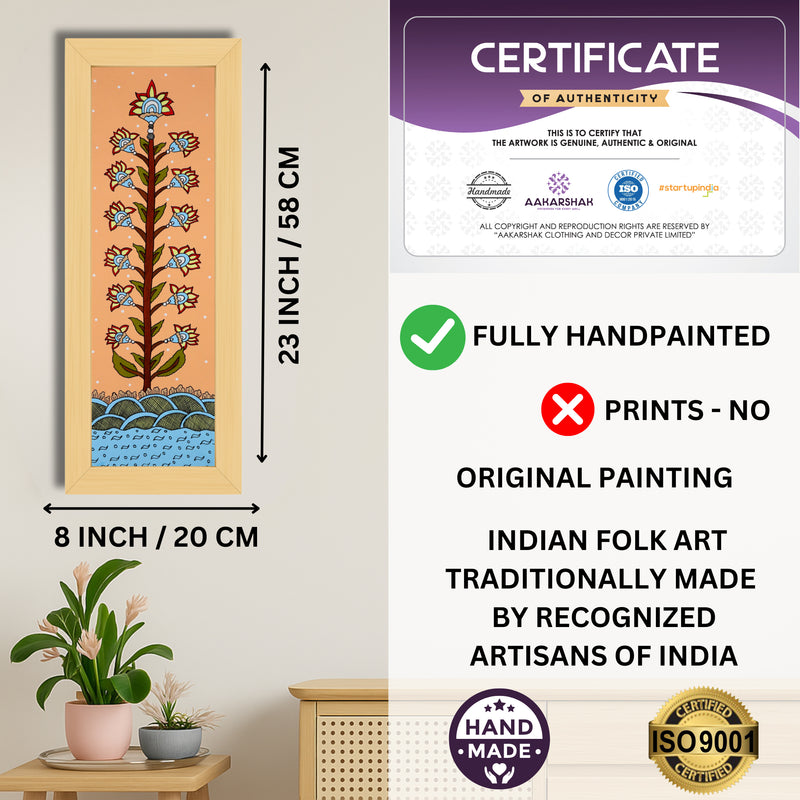Framed artwork with dimensions, authenticity certificate and handmade iso certified-tree of life kalamkari painting