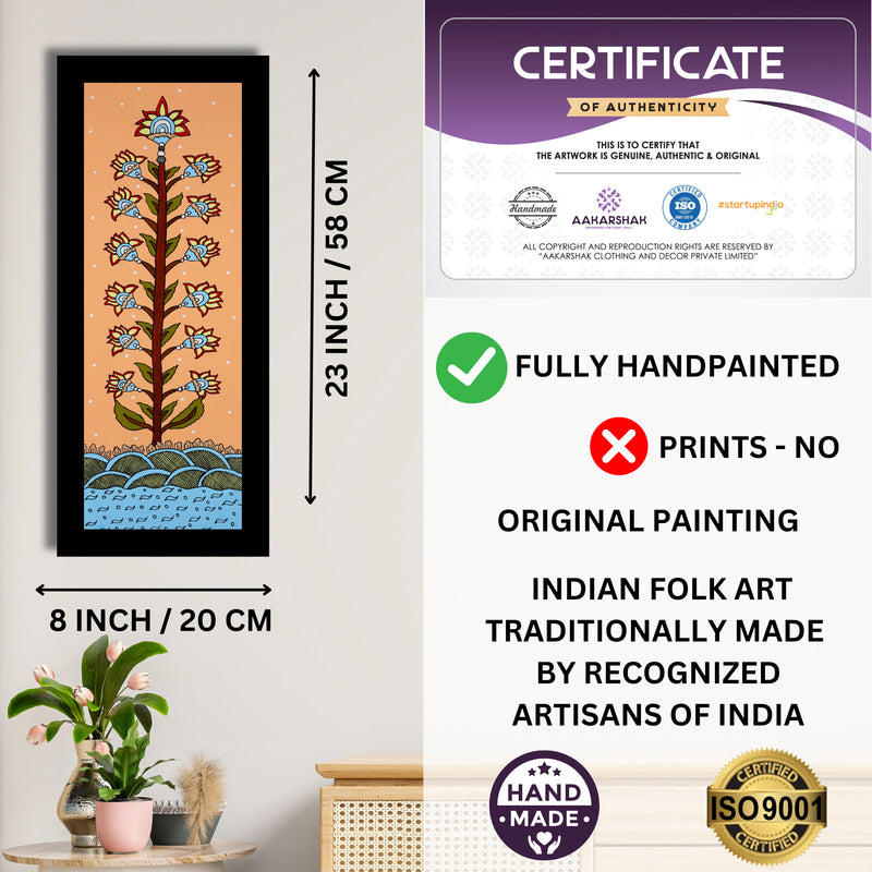 Framed artwork with dimensions, authenticity certificate and handmade iso certified-tree of life kalamkari painting