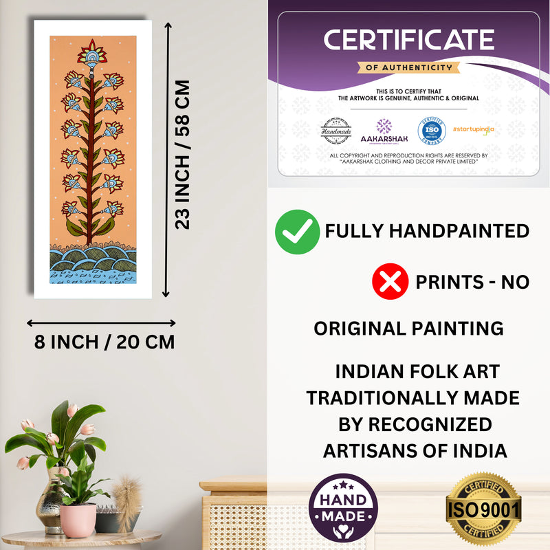 Framed artwork with dimensions, authenticity certificate and handmade iso certified-tree of life kalamkari painting