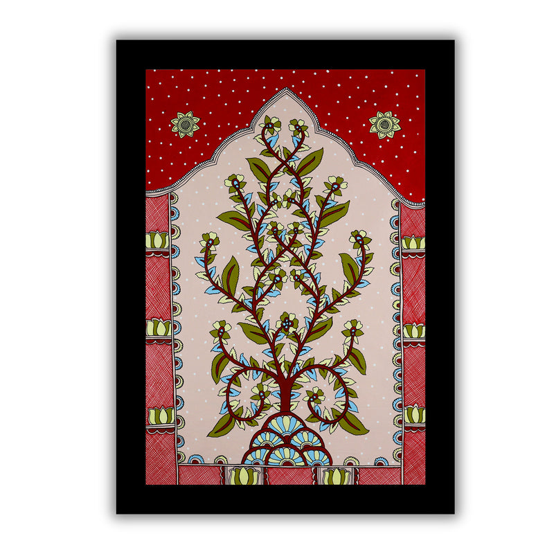 Framed artwork of a colorful tree of life -with handmade kalamkari painting