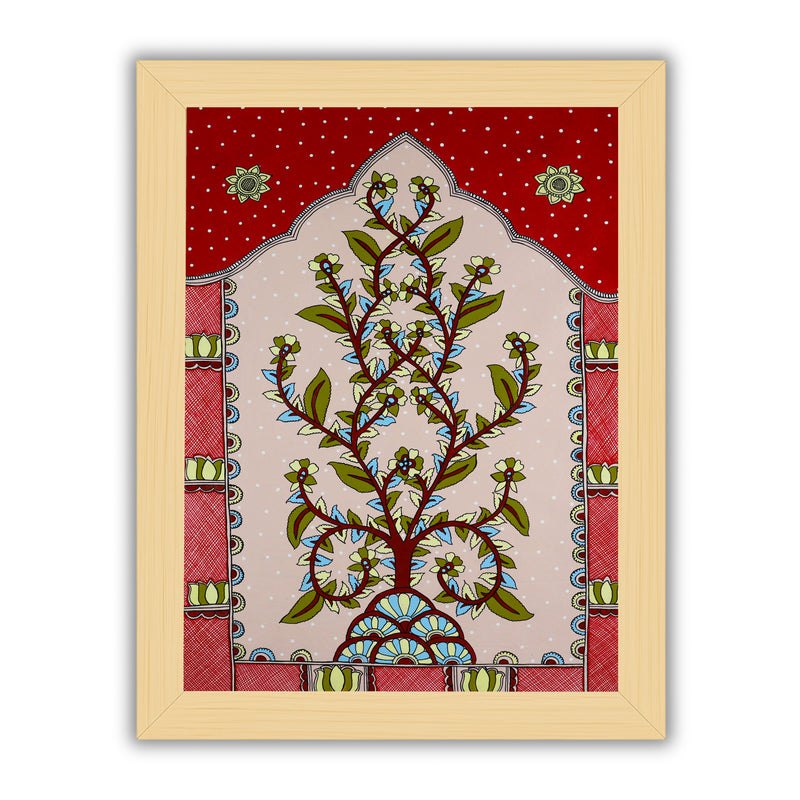 Framed artwork of a colorful tree of life -with handmade kalamkari painting
