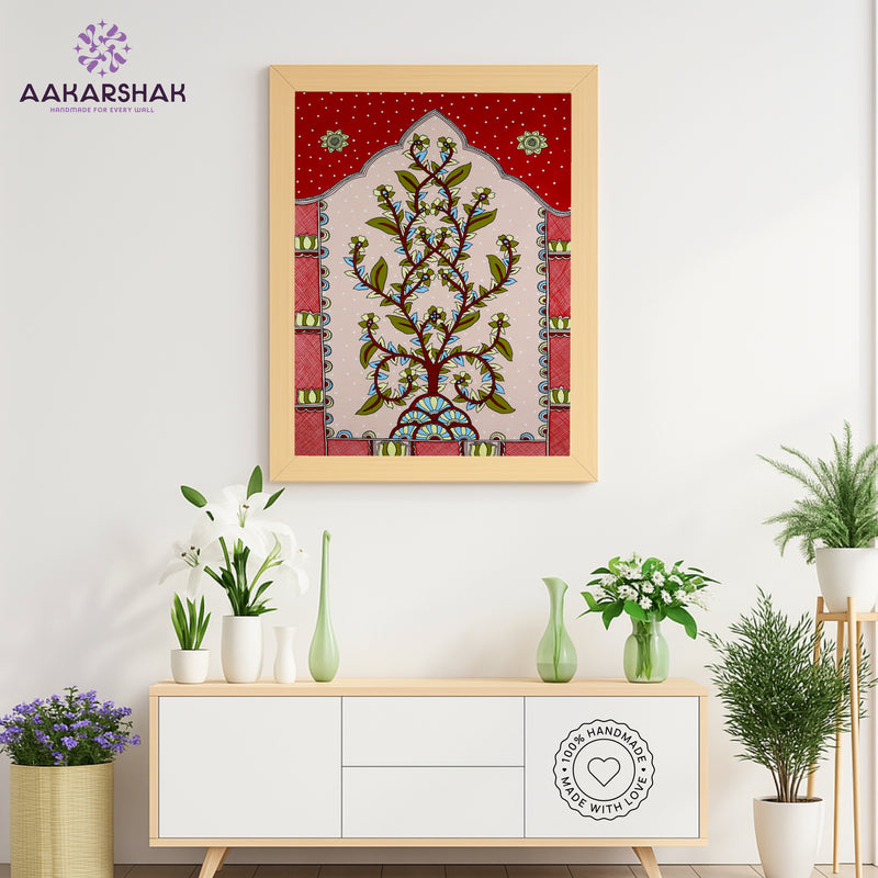 Framed artwork with tree of life design -handmade kalamkari painting for home decor