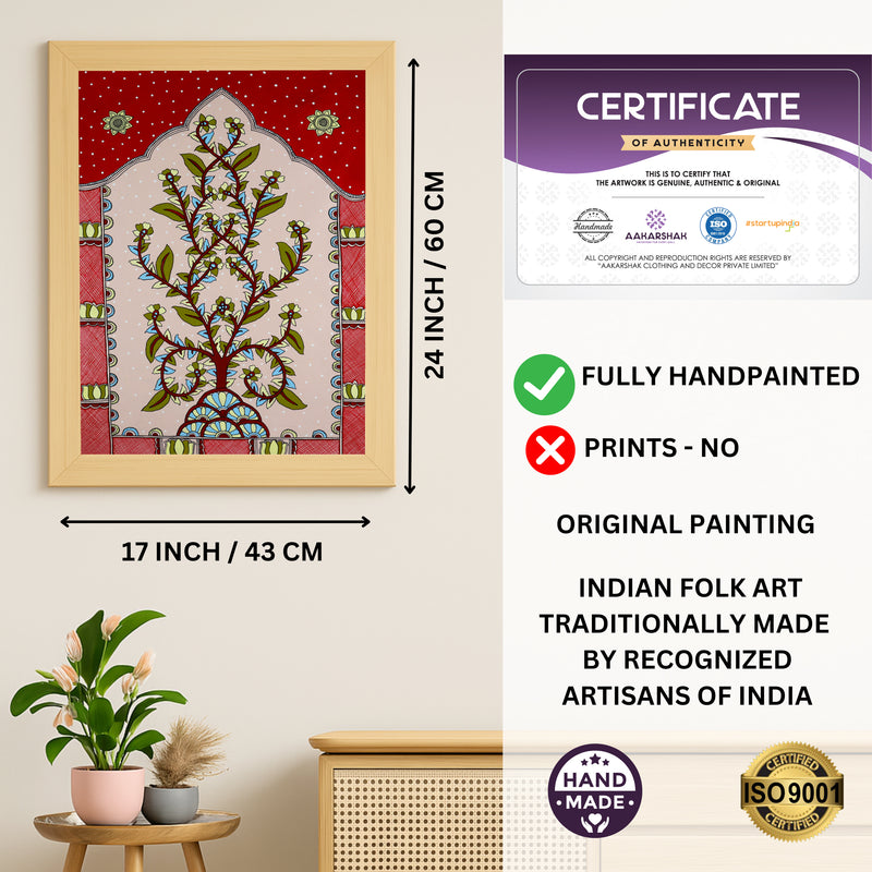 Framed artwork with dimensions, authenticity certificate and handmade iso certified-tree of life kalamkari painting