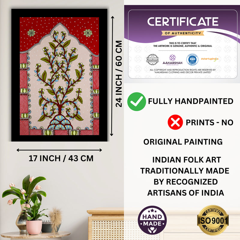 Framed artwork with dimensions, authenticity certificate and handmade iso certified-tree of life kalamkari painting