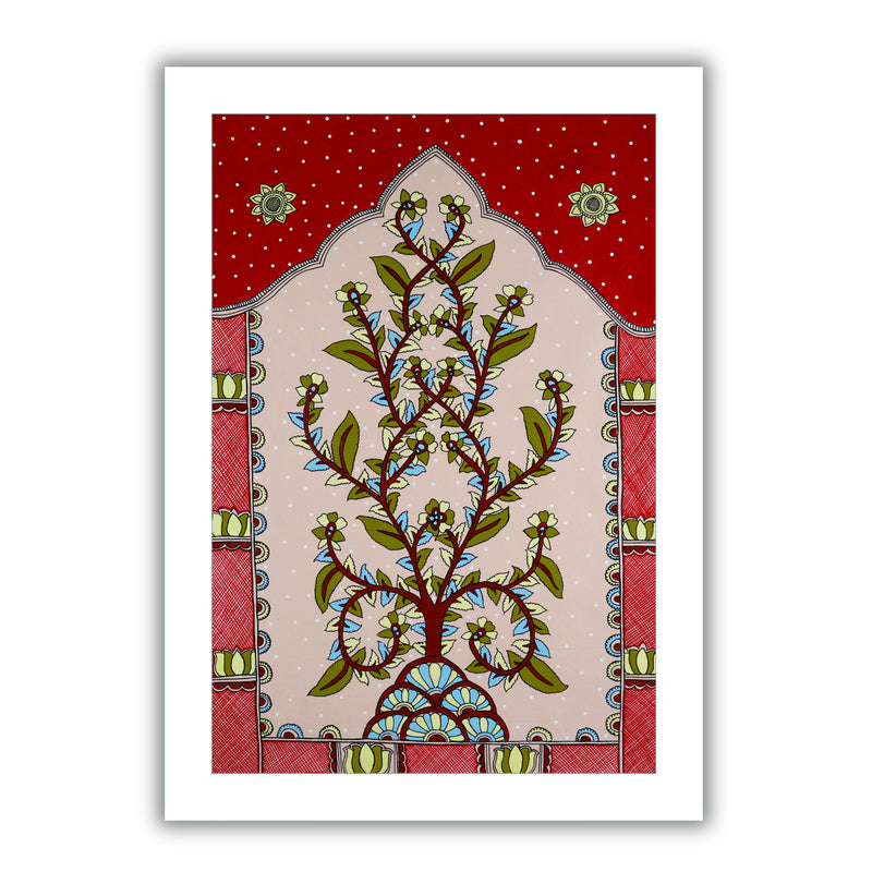 Framed artwork of a colorful tree of life -with handmade kalamkari painting