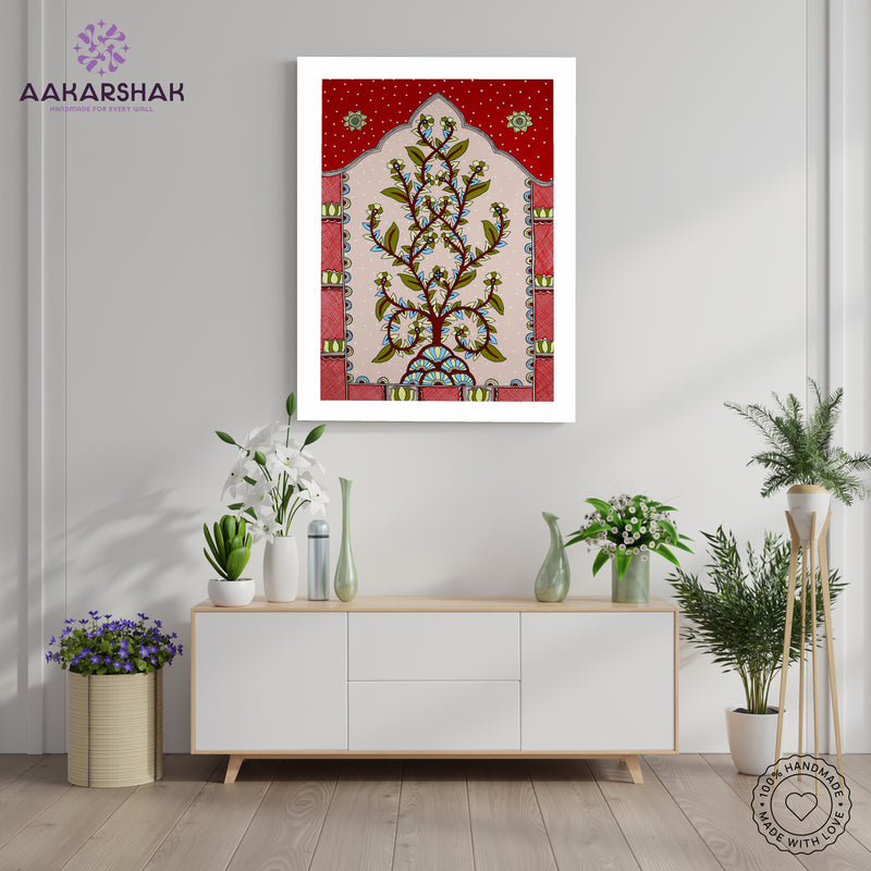 Framed artwork with tree of life design -handmade kalamkari painting for home decor