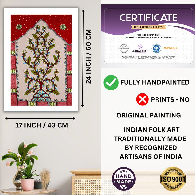 Framed artwork with dimensions, authenticity certificate and handmade iso certified-tree of life kalamkari painting