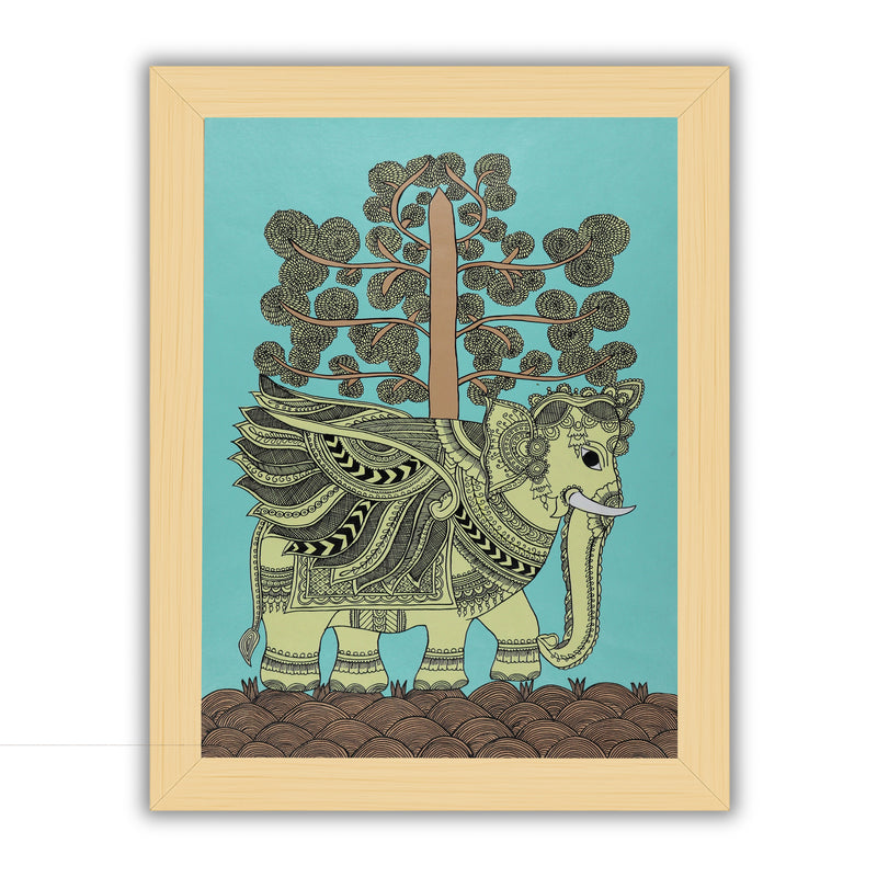 Handmade Kalamkari Elephant Painting Framed 17x24 Inch Wall Art