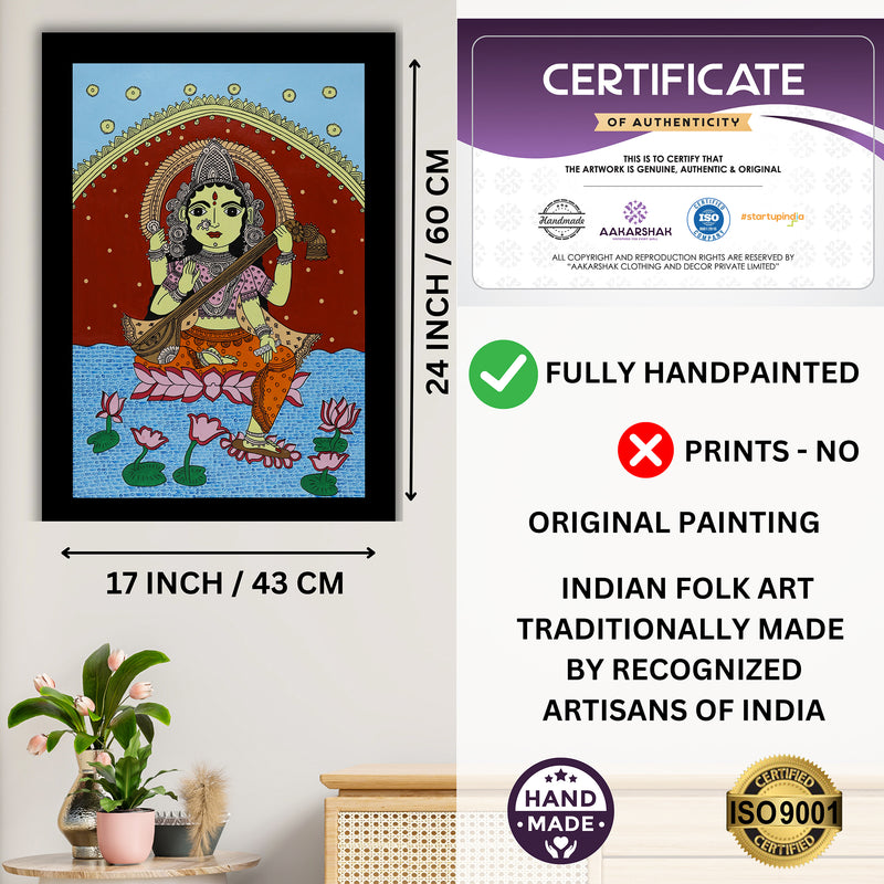 Handmade Kalamkari Saraswati Painting 17x24 Inch Wall Art