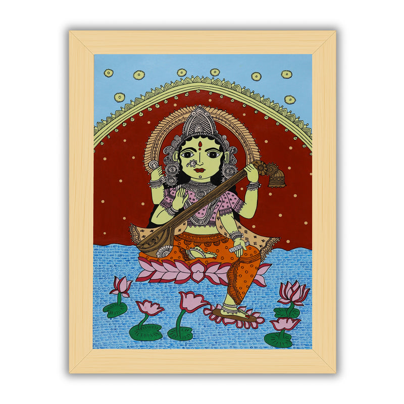 Handmade Kalamkari Saraswati Painting 17x24 Inch Wall Art