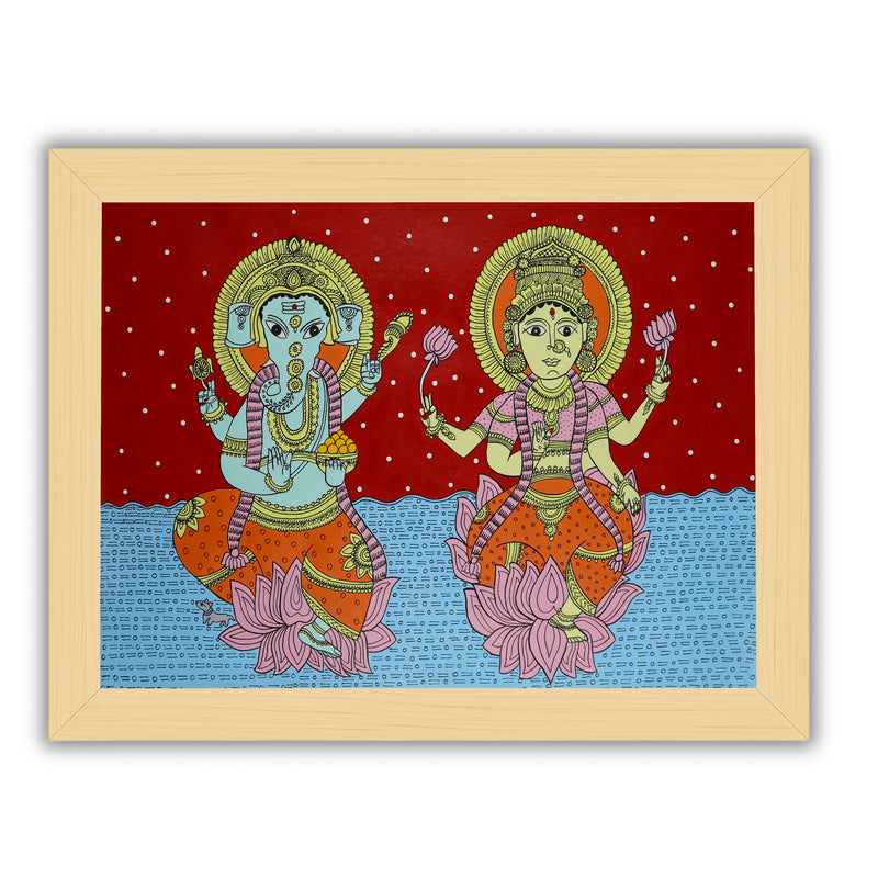 Handmade Kalamkari Ganesh and Laxmi Painting 17x24 Inch Wall Art