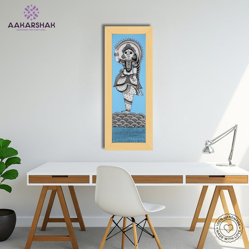 Close-up of detailed brushwork and traditional patterns in Madhubani painting