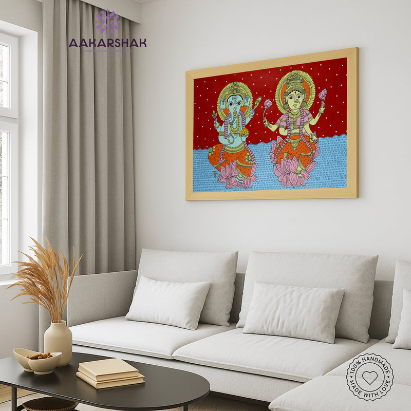 Handmade Kalamkari Ganesh and Laxmi Painting 17x24 Inch Wall Art
