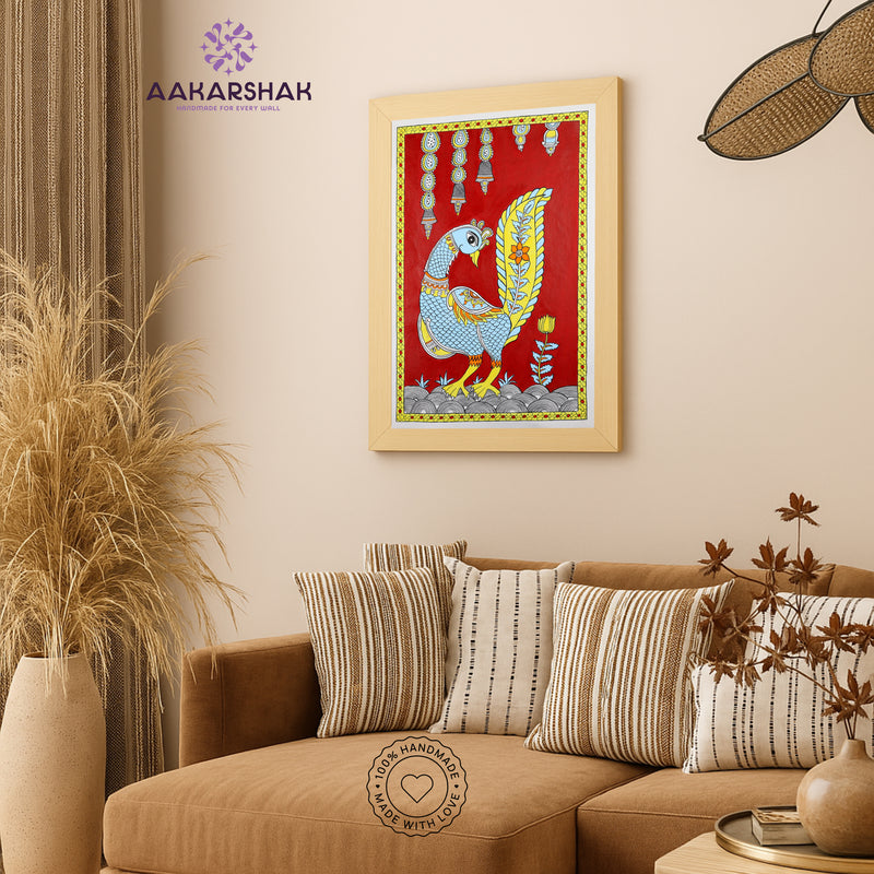 Handmade Kalamkari Peacock Painting 17x24Inch Wall Art