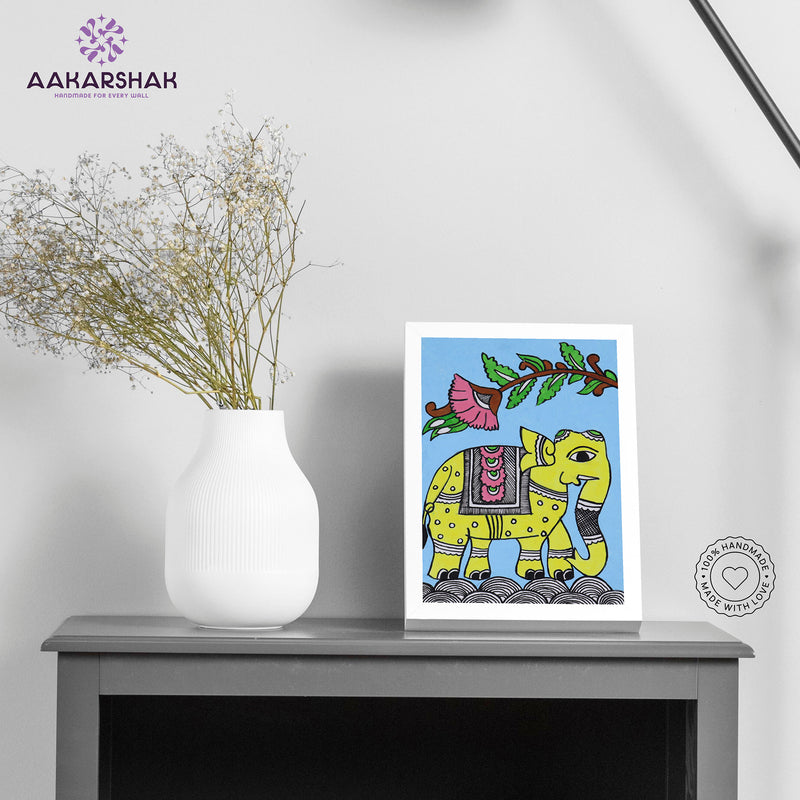 Handmade Kalamkari Elephant Painting – Framed 6x8 Inch Wall Art