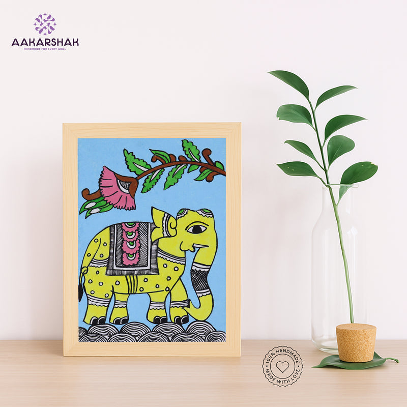 Handmade Kalamkari Elephant Painting – Framed 6x8 Inch Wall Art