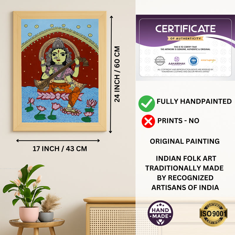 Handmade Kalamkari Saraswati Painting 17x24 Inch Wall Art