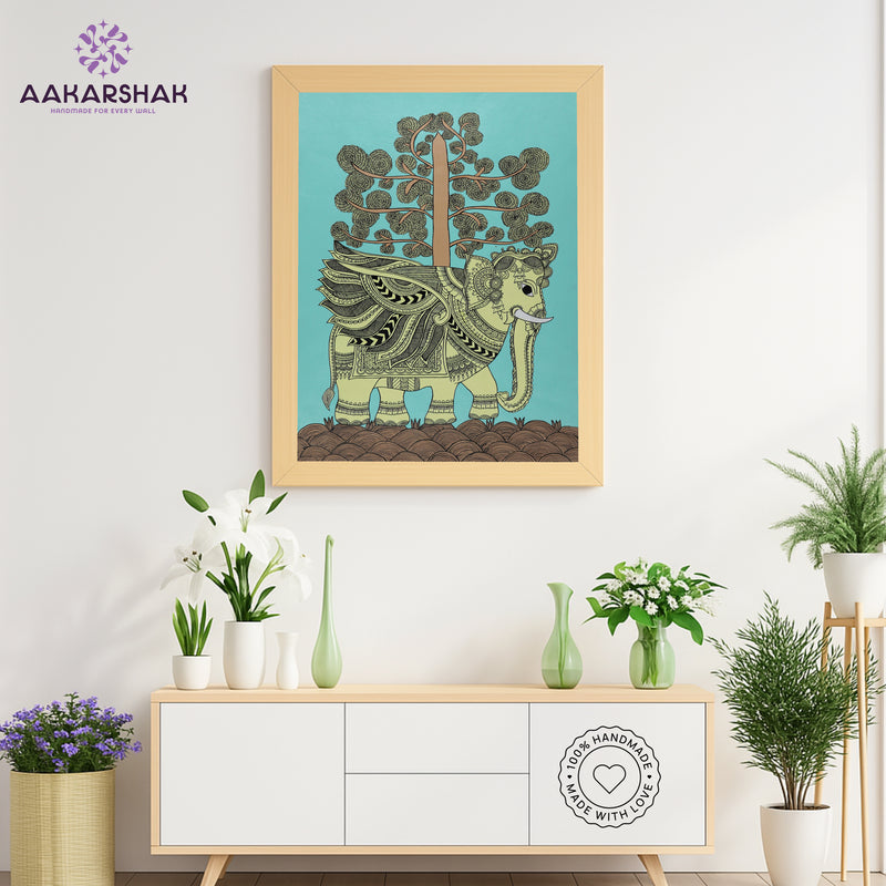 Handmade Kalamkari Elephant Painting Framed 17x24 Inch Wall Art