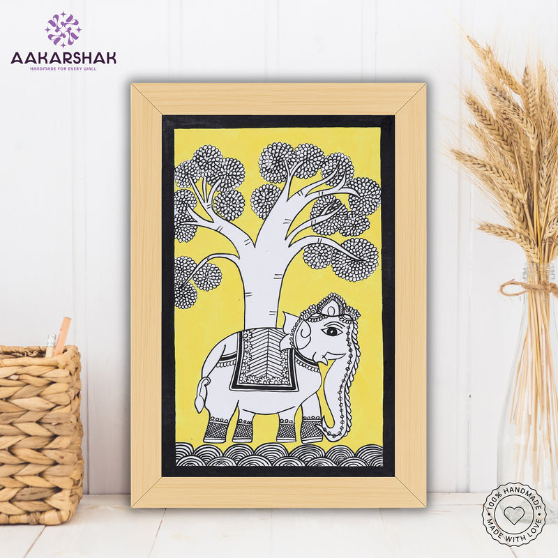 Handmade Kalamkari Elephant Painting – Framed 8x12 Inch Wall Art