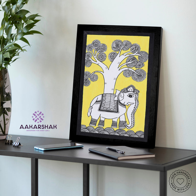 Handmade Kalamkari Elephant Painting – Framed 8x12 Inch Wall Art