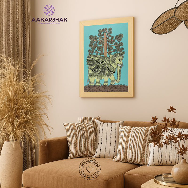 Handmade Kalamkari Elephant Painting Framed 17x24 Inch Wall Art