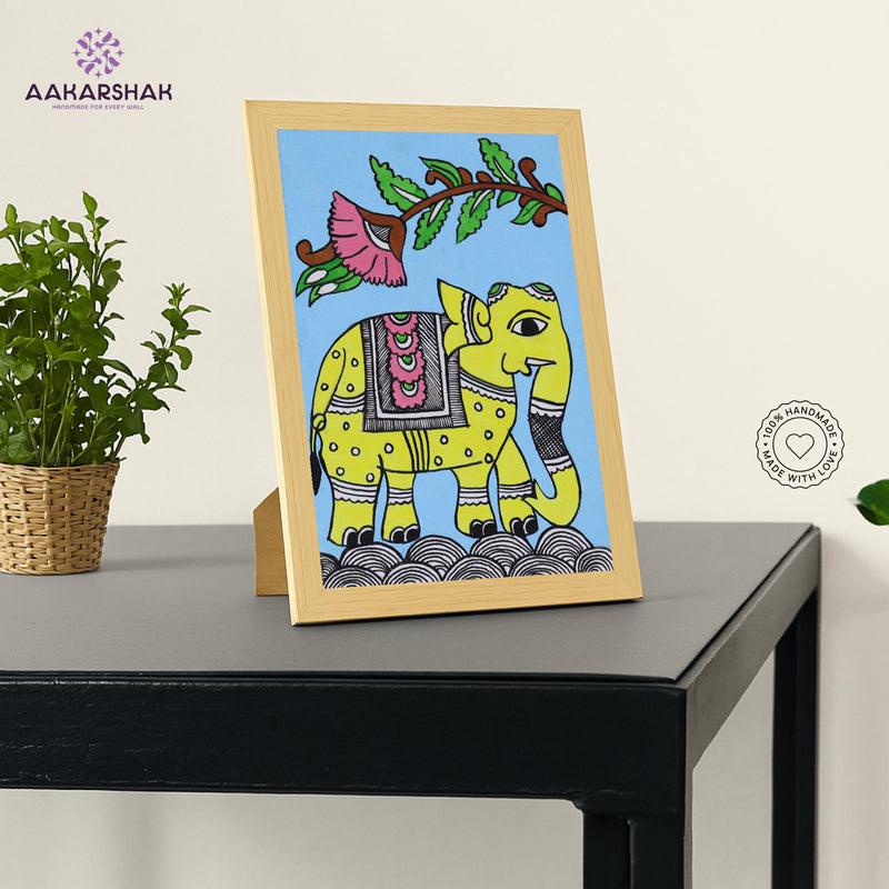 Handmade Kalamkari Elephant Painting – Framed 6x8 Inch Wall Art
