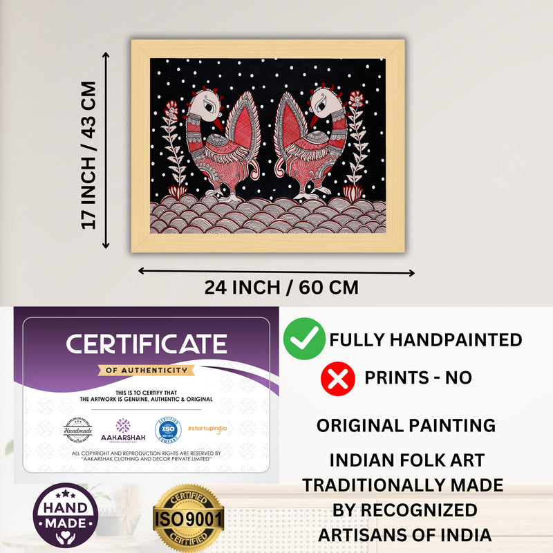 Framed artwork with dimensions, authenticity certificate and handmade iso certified-peacock kalamkari painting