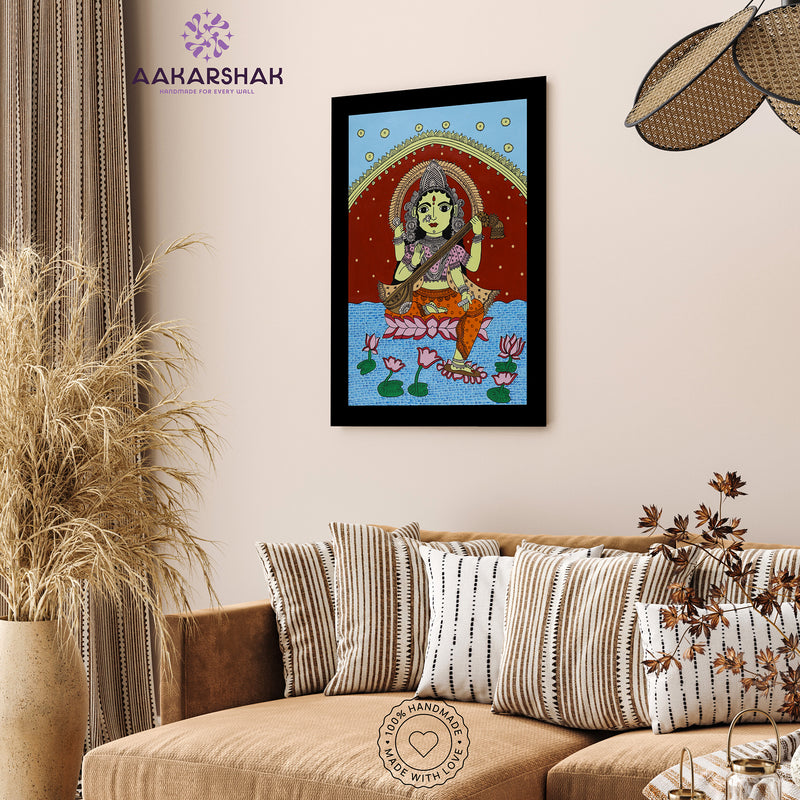 Handmade Kalamkari Saraswati Painting 17x24 Inch Wall Art